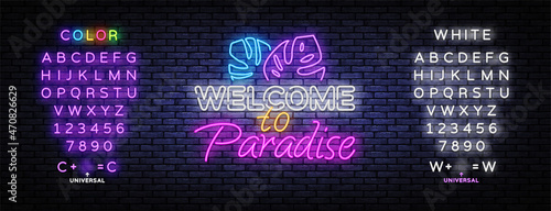 Neon illustration with welcome to paradise. Welcome to Paradise neon sign vector. Vector illustration design. Print, poster, banner. Editing text neon sign