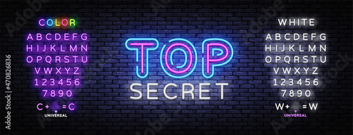 Top Secret Neon Sign Vector Illustration. Vintage design template with top secret. Vector template. Editing text neon sign