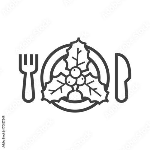 Logotipo con hojas de acebo con bayas con plato y cubiertos con líneas en color gris para su uso en invitaciones y tarjetas de felicitación