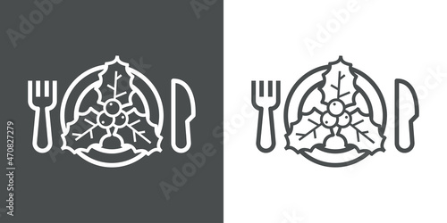 Logotipo con hojas de acebo con bayas con plato y cubiertos con líneas en fondo gris y fondo blanco para su uso en invitaciones y tarjetas de felicitación