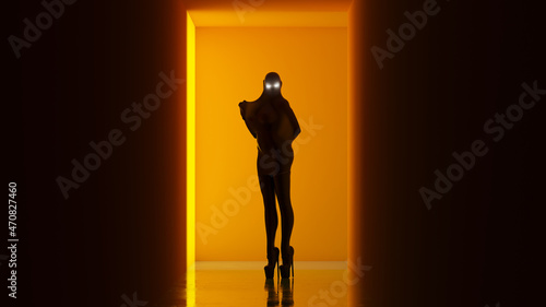 Woman Witchcraft Demon Wrapped Black Plastic Orange Corridor with a Polished Floor Creepy Halloween Horror Woman 3d illustration render  © paul