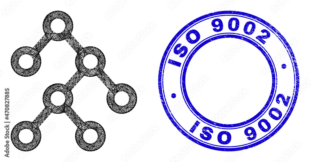 Hatched irregular mesh binary structure icon, and ISO 9002 scratched round seal. Abstract lines form binary structure object. Blue seal has ISO 9002 tag inside circle form. Hatched irregular mesh binary structure icon, and ISO 9002 scratched round seal. Abstract lines form binary structure object. Blue seal has ISO 9002 tag inside circle form.