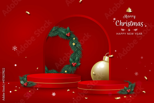 Christmas theme stage podium mock up for product placement on red background