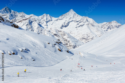 Slope on the skiing resort Zermatt. Swiss Alps