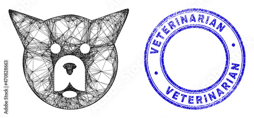 Hatched irregular mesh dog head icon, and Veterinarian corroded round seal. Abstract lines are combined into dog head illustration. Blue seal includes Veterinarian text inside round shape.