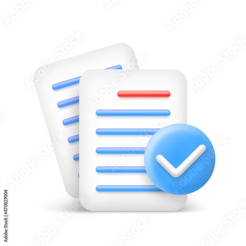 Document icon with check mark in 3d cartoon style. Pile of paper. Vector illustration.