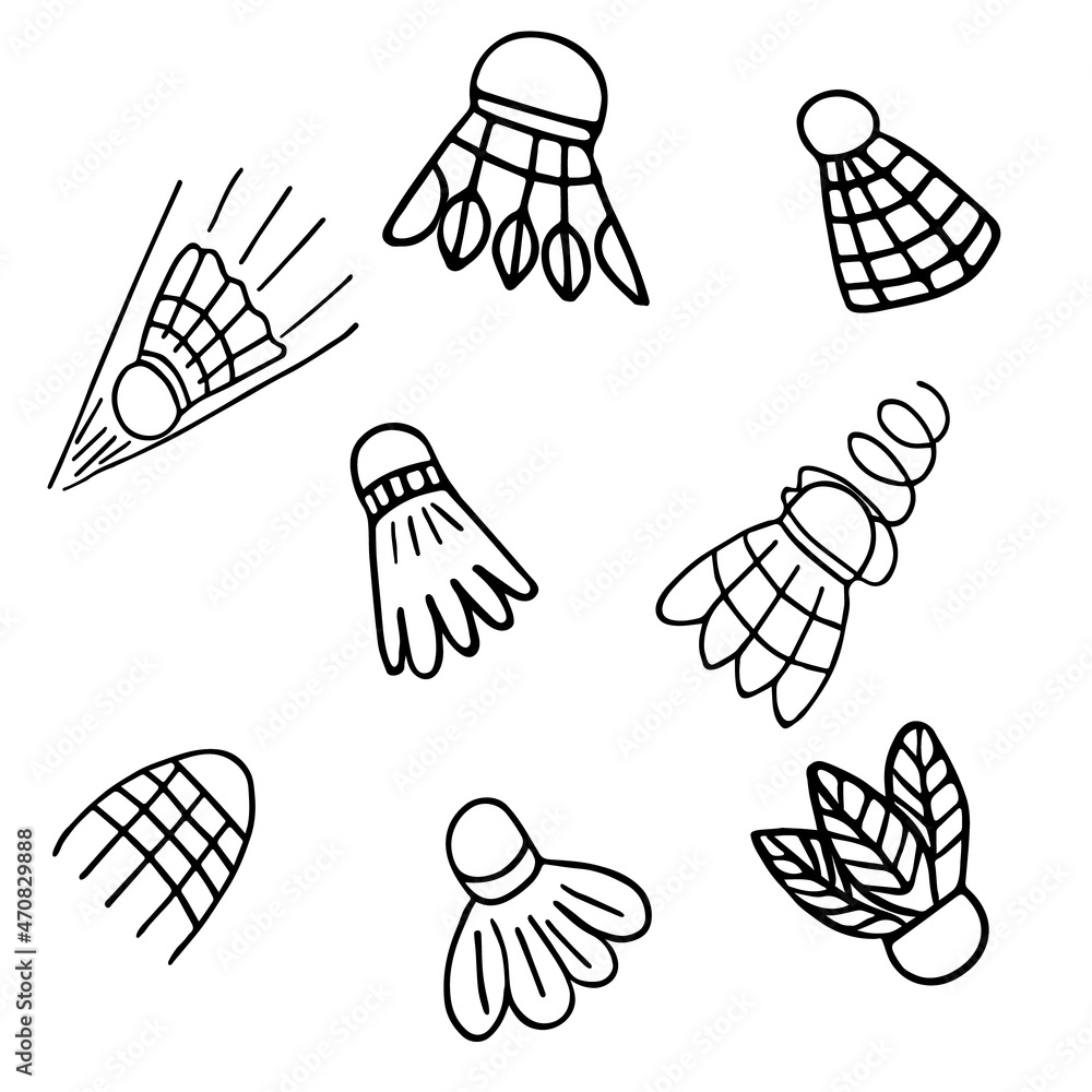 Set of badminton s shuttlecocks. Cute hand-drawn doodle. Black and white vector illustration. Set of badminton s shuttlecocks. Cute hand-drawn doodle. Black and white vector illustration.