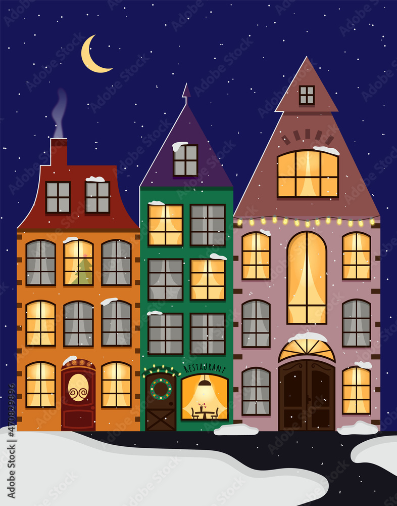 Christmas landscape with fairy houses. Vector illustration. The snowy city for the holiday of Christmas.