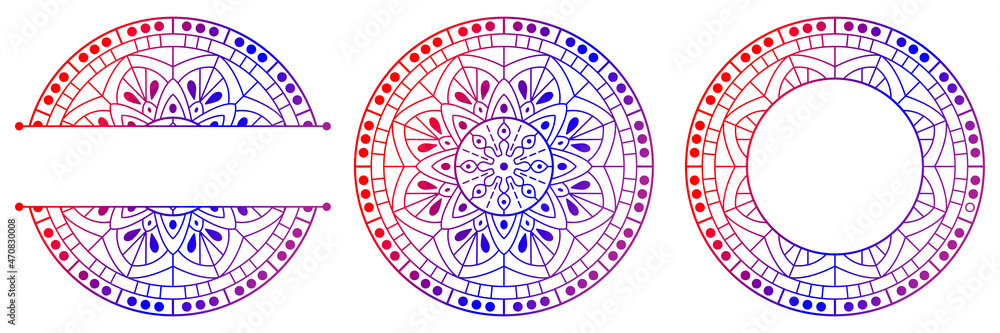 Set of flower mandalas. Split pattern in form of mandala for Henna Mehndi or tattoo decoration. Decorative ornament in ethnic oriental style, vector illustration. Set of flower mandalas. Split pattern in form of mandala for Henna Mehndi or tattoo decoration. Decorative ornament in ethnic oriental style, vector illustration.