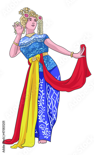 Drawing baksa kembang dance, South Kalimantan,indonesian traditional dance,  art.illustration, vector