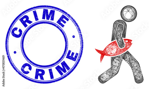 Net irregular mesh fish robber icon with Crime rubber round seal. Abstract lines form fish robber illustration. Blue stamp seal has Crime caption inside round form.
