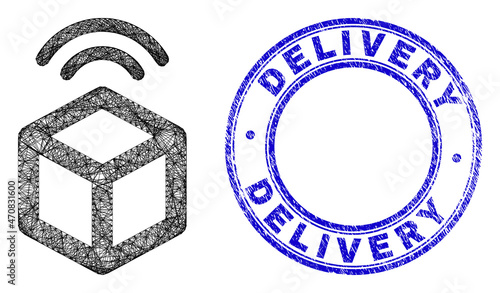 Net irregular mesh cargo wifi tracking icon, and Delivery Cannabis corroded round stamp. Abstract lines form cargo wifi tracking illustration.