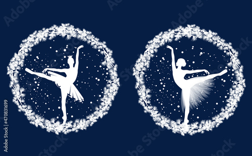 seasonal frame made of pine tree branches with beautiful ballerina girl and falling snow - white vector silhouette set for winter season ballet design