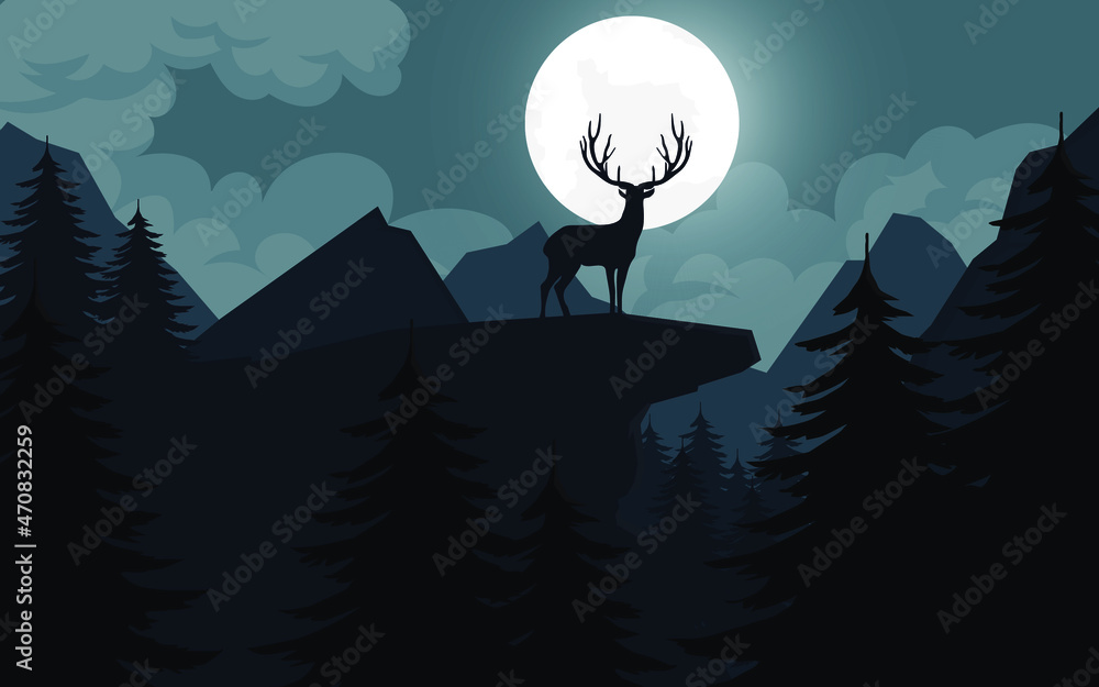 Mountain nature with deer that live in the late night and the moon