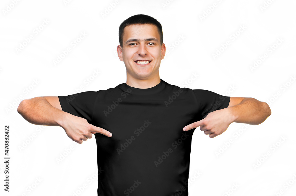 black t-shirt on a young smiling man isolated black t-shirt on a young smiling man isolated