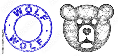 Carcass irregular mesh bear head icon, and Wolf unclean round stamp. Abstract lines are combined into bear head object. Blue stamp contains Wolf text inside round shape.
