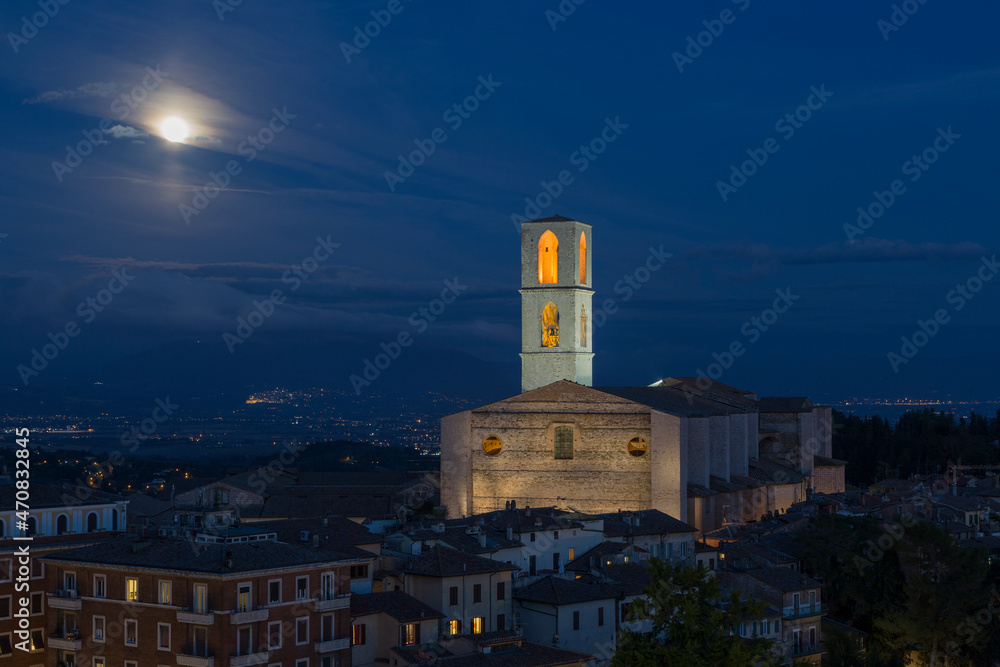 Perugia, Basilica di San Domenico at night in a full moon
