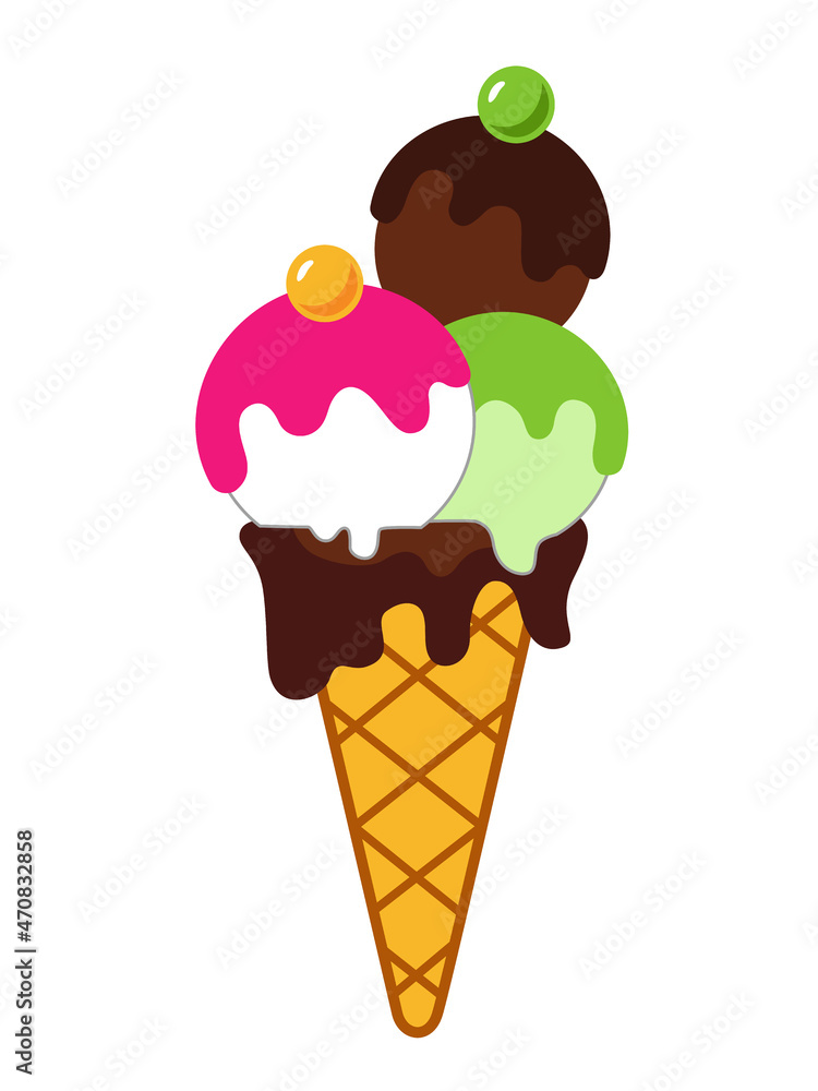 vanilla, pistachio and chocolate ice cream ball in a waffle cone cup.
Vector flat illustration vanilla, pistachio and chocolate ice cream ball in a waffle cone cup.
Vector flat illustration
