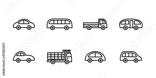 Hand drawn doodle cartoon car set. Vector black outline car icons on white background