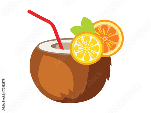 Pina colada cocktail in coconut with slice of oranges and umbrella.
Vector illustration in cartoon style for parties, holidays, beach.
