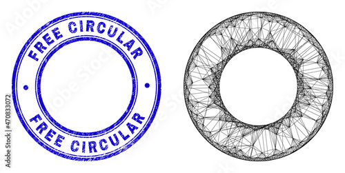 Net irregular mesh donut icon, and Free Circular unclean round stamp. Abstract lines form donut illustration. Blue stamp seal has Free Circular text inside round form.