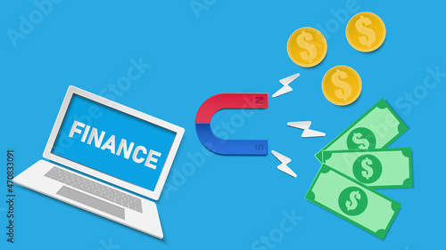 money, computer, laptop, money, magnet, business, finance, concept, paper cut, style, vector, illustration, background, banking, cash, commerce, currency, design, earning, electronic, growth, internet