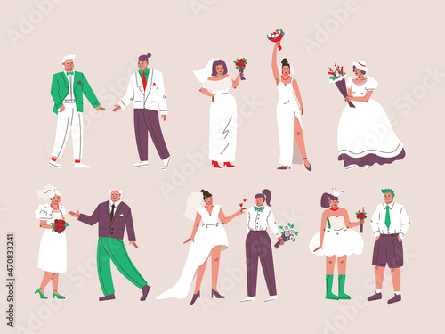 Big set of characters in wedding dresses and suits. Bride and groom, newlyweds of various nationalities, young and old men and women are happy in festive costumes. Flat trendy vector.