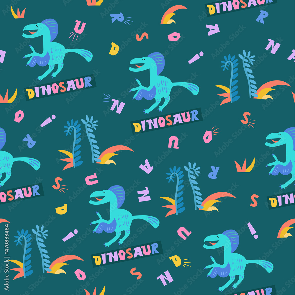 Cute dinosaurs in Jurassic forest. Seamless pattern. Alphabet hand drawn font on fabric. Scandinavian cartoon characters. Color vector image.