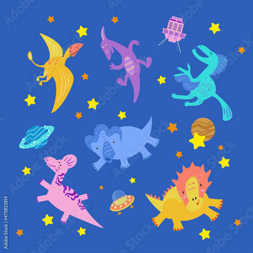 Cute set of dinosaurs in space hand drawn vector color characters. Dino Flat clipart. Sketch of prehistoric animals. Jurassic reptiles isolated doodle drawing. Scandinavian cartoon childrens illustrat