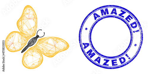 Carcass irregular mesh butterfly icon with Amazed! unclean round seal imitation. Abstract lines are combined into butterfly illustration. Blue stamp seal has Amazed! tag inside round form.