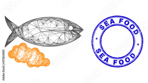 Network irregular mesh fish caviar icon with Sea Food grunge round seal. Abstract lines form fish caviar object. Blue seal has Sea Food text inside round form.
