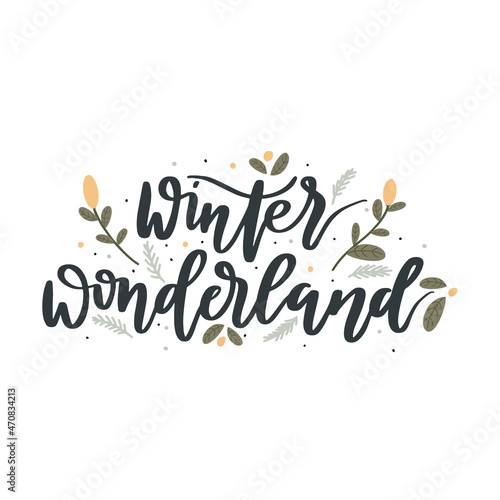 Christmas lettering with floral elements. Holidays hand-drawn winter graphics element for postcards for decorations, ornaments, and other design purposes. Christmas quotes hand brush lettering © Anastazja