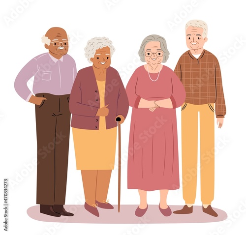 Group of seniors. Happy elderly people standing together. Flat vector illustration