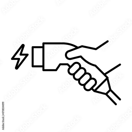 Hand holding charger connector icon, Electric car charging plug sign, Vector illustration