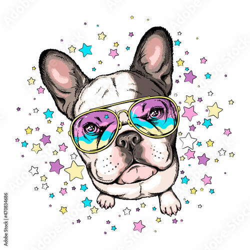 Cute french bulldog on a background of stars. Image for printing on any surface	