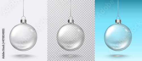 Christmas tree empty ball isolated on light, transparent and blue backgrounds. Vector translucent clear glass xmas bauble with silver ribbon template