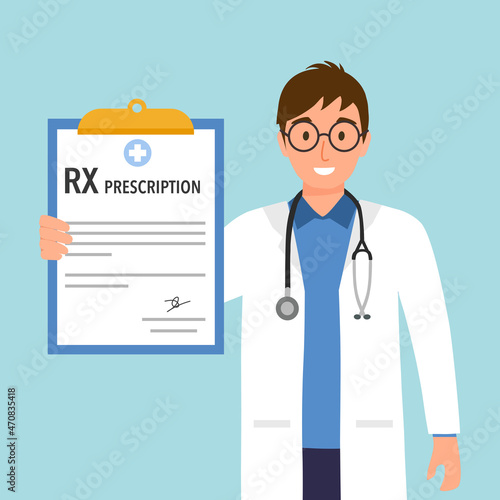 Male doctor holding medical RX prescription form in flat design.