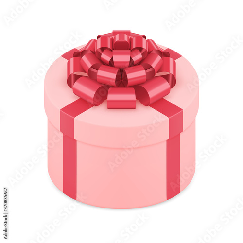 Pink romantic girlish circled gift box red festive bow ribbon 3d design template realistic vector