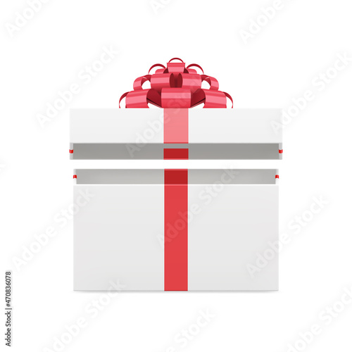 Classic romantic wrapped white gift box with open cap present unpacking 3d template blank vector