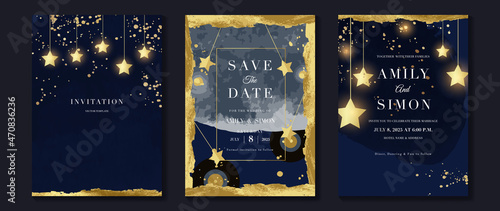 Star and moon themed wedding invitation vector template collection. Gold and luxury save the dated card with watercolor and gold sparkles and brush texture. Starry night cover design background.