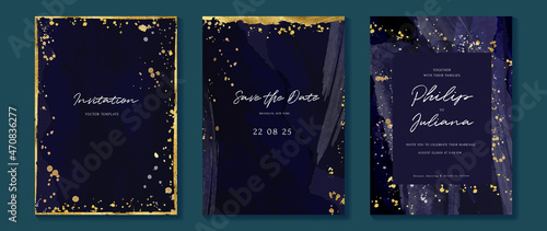 Star and moon themed wedding invitation vector template collection. Gold and luxury save the dated card with watercolor and gold sparkles and brush texture. Starry night cover design background.