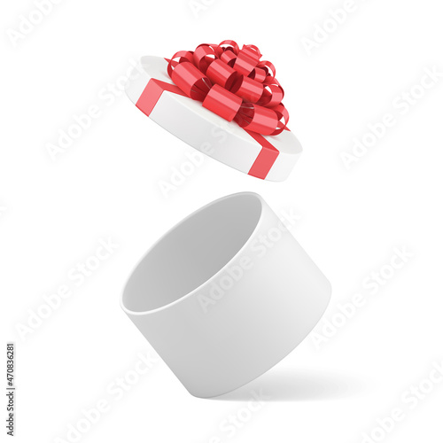 Elegant festive gift box open cap unpacking isometric vector illustration white circled cardboard