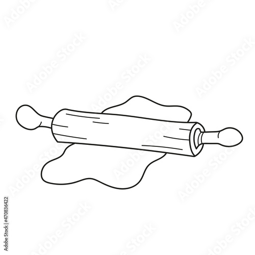 Simple coloring page. Coloring book for kids. Kitchen - Rolling pin and dough. Vector Illustration