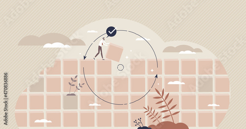 Consistency and stability with constant performance tiny person concept. Repeat same results for effective and stable business vector illustration. Maintain precise work settings to achieve perfection