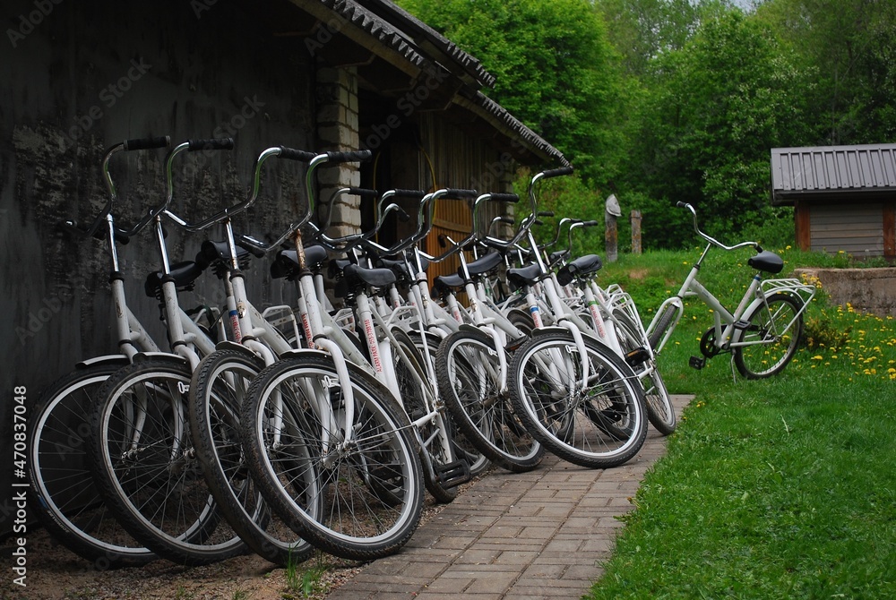 Many white bicycles are placed next to barn. Many white bicycles are placed next to barn.