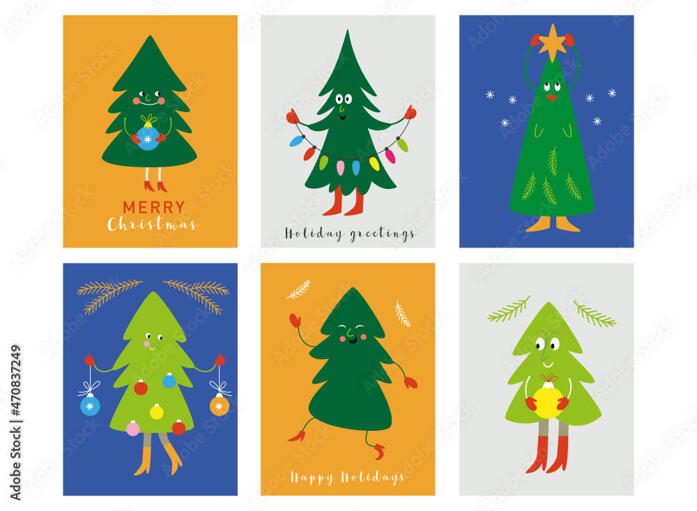 Set of Christmas cards. Cute funny cartoon Christmas trees	
