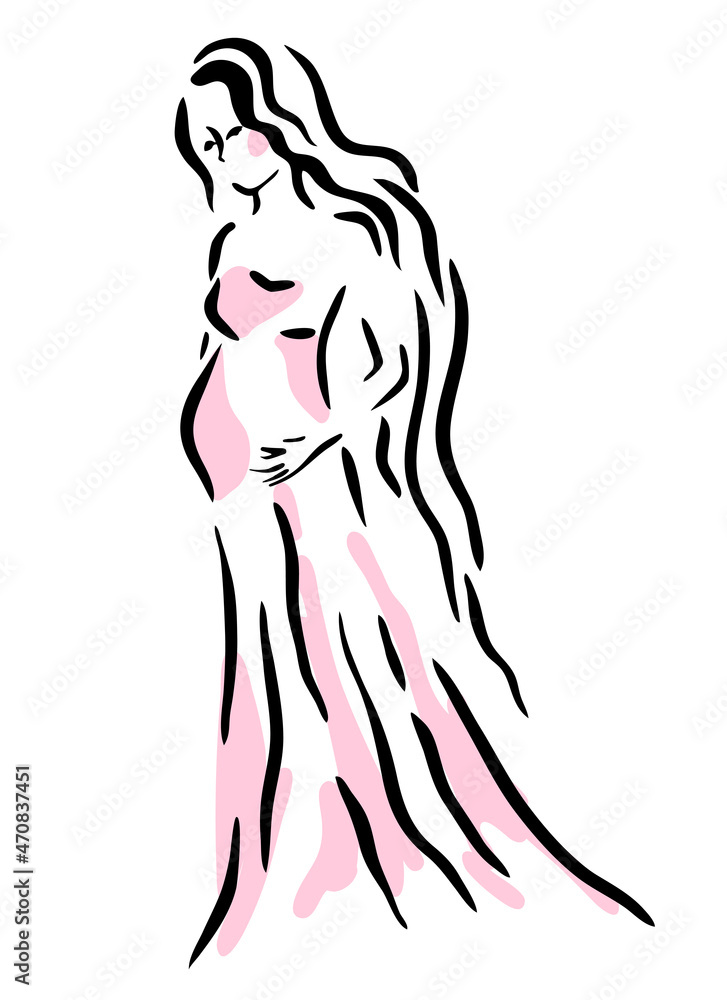 Cute pregnant girl in a pink long dress with wavy hair strokes her belly with hand. Beautiful woman in black line style art isolated on white background. Vector illustration. Cute pregnant girl in a pink long dress with wavy hair strokes her belly with hand. Beautiful woman in black line style art isolated on white background. Vector illustration.