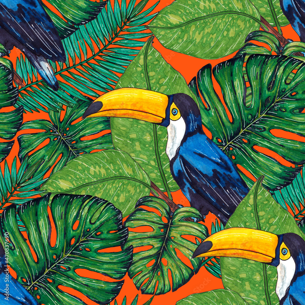 Fototapeta premium Watercolor seamless pattern with toucan. Exotic botanical jungle wallpaper with tropical bird and leaves. Bright summer pattern background.