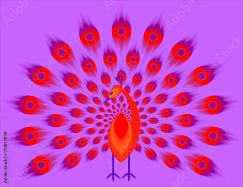 Red peacock with shining tail. Optical expansion illusion.