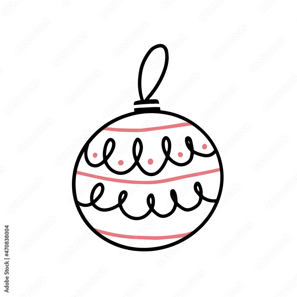Christmas tree toy ball with different lines and spots in a simple doodle style. Christmas tree toy ball with different lines and spots in a simple doodle style.